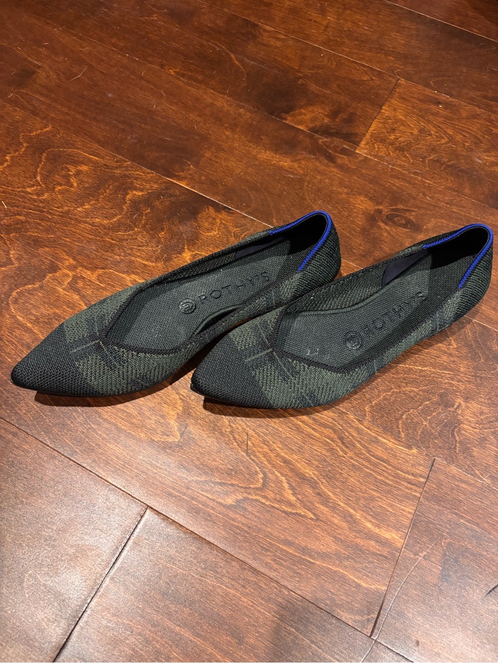 Rothy's Pointed Knit Flats in Black and Dark Green